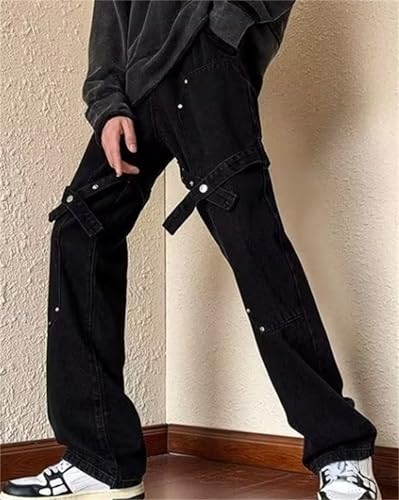 Men's Slim Fit Horn Jeans Denim Loose Fit Dance Skateboard Pants Strap Adjustment Thigh2