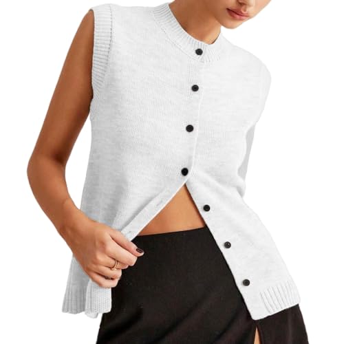 Image of Women Button Down Knit Sweater Vest Casual Loose Fit Crew Neck Sleeveless Button Front Knitted Sweater Cardigan