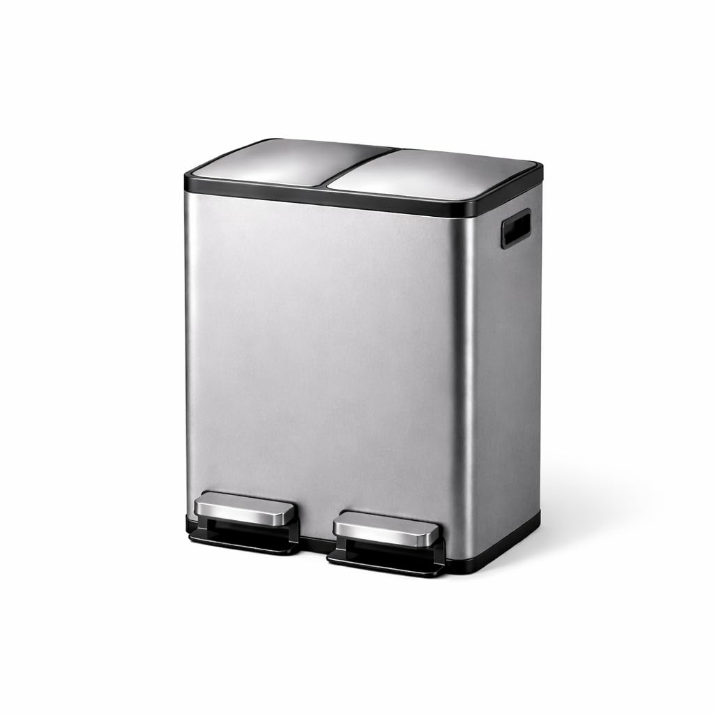 Kitchen Trash Can 16 Gallon (2 x 8 Gal) with Lid - Stainless Steel Dual Garbage Can, 2 Removable Buckets, Soft Close Step Pedal, Trash and Recycle Bin for Home Office