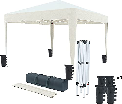 Colore: beige Gazebo 3 x 3 M Pieghevole Idrorepellente Struttura Acciaio Copertura 160 gr/m² Con 4 Sacche Per Pesi E Sacca Di Trasporto Chiusura A Fisarmonica Da Giardino Campeggio Esterno Piscina Fiere (Beige)