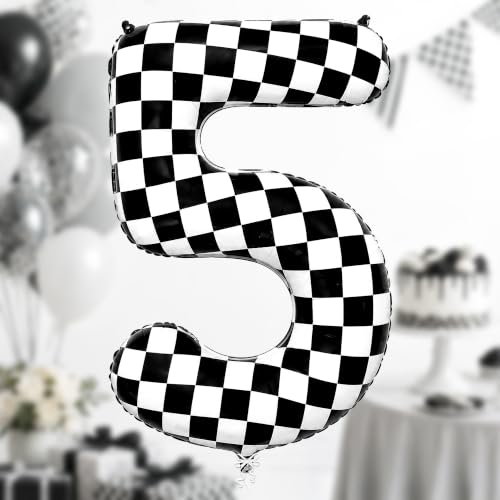 Image of KatchOn Checkered Number 5 Balloon 40 Inch 5th Birthday Decorations for Boy