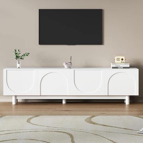 LUMISOL Modern TV Stand for 80"+ TV, 70" Wood TV Console with Arched Doors, Cream Style Entertainment Center with 2 Storage Cabinets, Adjustable Shelf for Living Room Bedroom, White