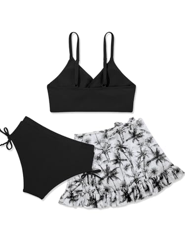 Image of ESHOO Girls Swimsuit V Neck Twist Cross Bikini Sets with Hawaiian Cover Up Skirt 3Pcs Bathing Suits Girls Swimwear 7-14T