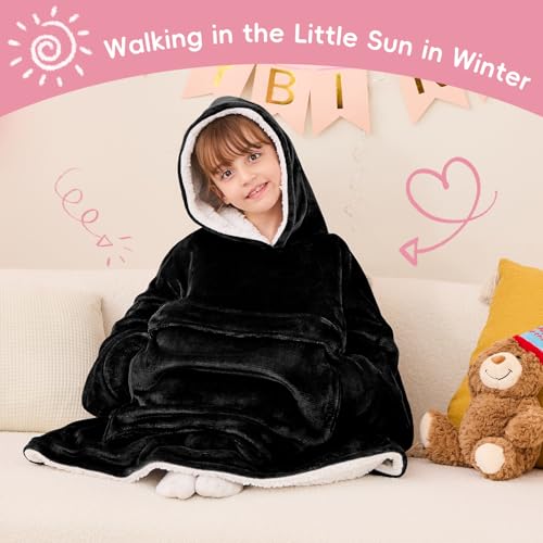 yescool Wearable Blanket Kids Hoodie, Birthday Teen Girls Gifts for 8-15 Year Old Kids Oversized Sweatshirt Sherpa Flannel Cozy Hooded Blanket with Pocket for Children, Youth Teens, One Size, Black