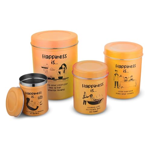 Image of inchChromaJars inch Stainless steel Stylish Coloured printed storage containers set of 4 for Home & Kitchen 500Ml, 900ML,1750 Ml & 2900 Ml (ORANGE)