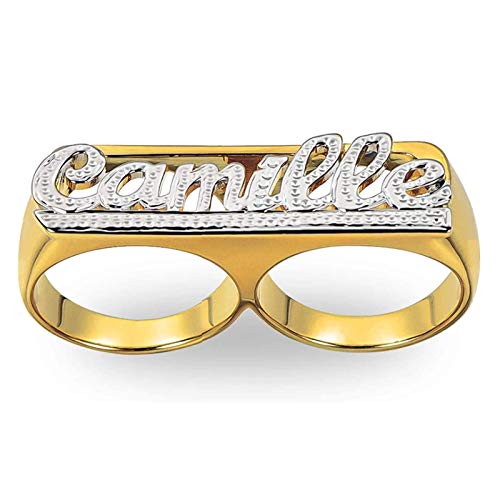 cfustiy Custom Name Ring 18K Gold-Plated Personalized Name Ring with Initial Unisex Carved Double Finger Name Ring Customized Name Letter Ring for Women Mens