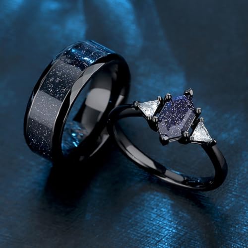 Personalized Engraved Blue Sandstone Couple Rings - Custom Pear Cut, Kite Cut, Hexagon Cut Engagement and Promise Sets4