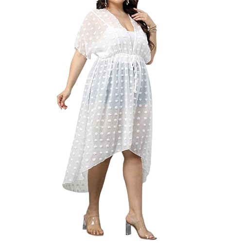 Cardigã feminino Plus Size Cover Ups longo bordado pontos malha transparente manga curta transparent
