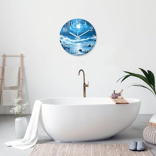 Image of XFM Large Blue Moon Wall Clock 20 Inch Beach Theme | Silent Non Ticking Ocean Wave Round Analog Modern Nature Decorative for Living Room Kitchen Bedroom Decor