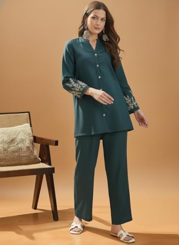 Image of SMOWKLY Women's Embroidered Kurta Set with Pants | Elegant Button-Down Tunic Top with Floral Sleeve Detail | Casual Co-ord Outfit