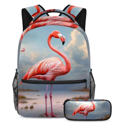 Sac à dos Flamant Rose avec trousse assortie pour école enfant