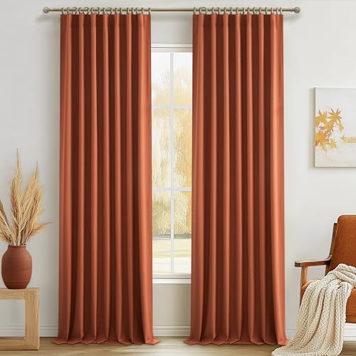 Fall Burnt Orange Curtains Blackout 102 Inches Long 2 Panels Set,Terracotta Autumn Color Decor Retro for Living Room/Bedroom Antique Copper Rust Boho 70s Window Pleated Linen Drapes (W50