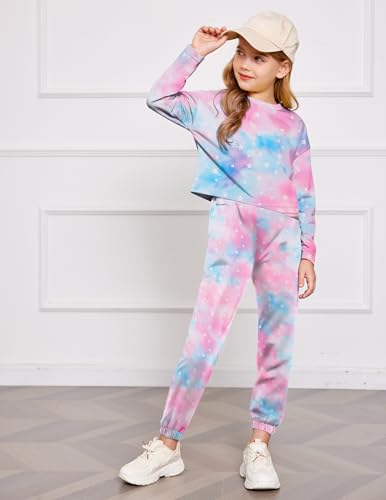 Image of Arshiner Girls 2 Piece Outfits Kids Trendy Tie Dye Sweatsuits Sets | Size 5-14Y, Girls 2-Piece Tracksuit Set, Tie Dye Print, Long Sleeve Top & Jogger Pants, Soft Polyester, Elastic Waistband