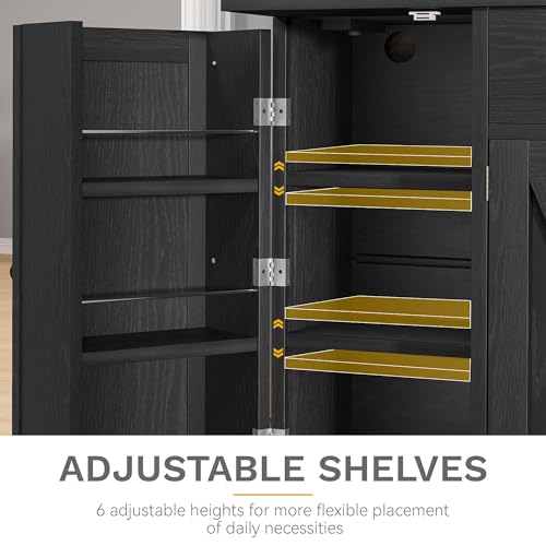 DWVO 71''H Kitchen Pantry Cabinet with Drawer, Doors, Goblet Holder, Wine Rack for Storage, Pantry Cabinet with Power Outlet for Kitchen & Living Room (Black Oak)