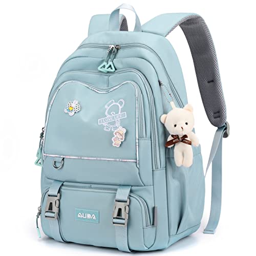 Mochila casual feminina com padrão de urso, mochila de estudante, com pingente de urso, pode conter notebook de 15,6 polegadas CUTBLAJAT-9470 (Azul)