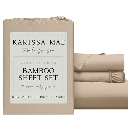 Image of KARISSA MAE Luxury Bamboo Viscose Twin Size Sheet Set | FSC Certified | Cooling | Ultra Soft | 18 inch Deep Pockets | Elastic Corner Straps | Includes Organizer Band [Wheat]