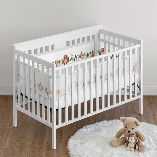 Image of Sweet Jojo Designs + BreathableBaby Woodland Animals Boy, Girl, Unisex /Gender Neutral Breathable Mesh Crib Liner Baby and Infant - Green, Watercolor, Forest Animal Friends, Bear, Deer, Woodsy Pals