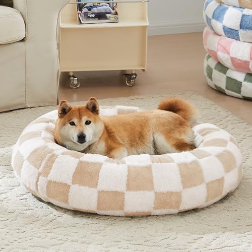 Ohocut Checkered Dog Bed, Cute Beige Khaki Retro Style Aesthetic Round Warming Pet Calming Beds for Small Dog and Cats, Plush Cozy Donut Dog Beds Washable, 30