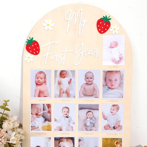 Strawberry One Year Old Photo Board - My First Year Photo Display Wood Board, Sweet One Monthly Milestone Photo Board, Strawberry theme 1st Birthday Decoration, 12 Months Photo Frame (white words)