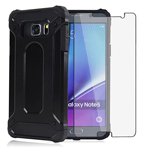 Asuwish Phone Case for Samsung Galaxy Note 5 with Tempered Glass Screen Protector Cover and Slim Rugged Hybrid Dual Layer Cell Accessories Protective Glaxay Note5 Gaxaly Notes 5s Five Women Men Black