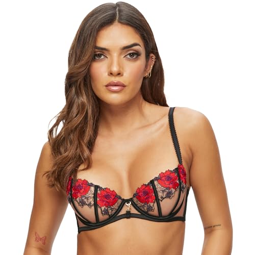 Ann Summers Caged Rose Non-Padded Balcony Bra Black & Red Sheer Mesh, A-D Cup, Embroidered Womens Underwear with Gold-Toned Detail, Stylish & Comfy Black Bra - Womens Lingerie