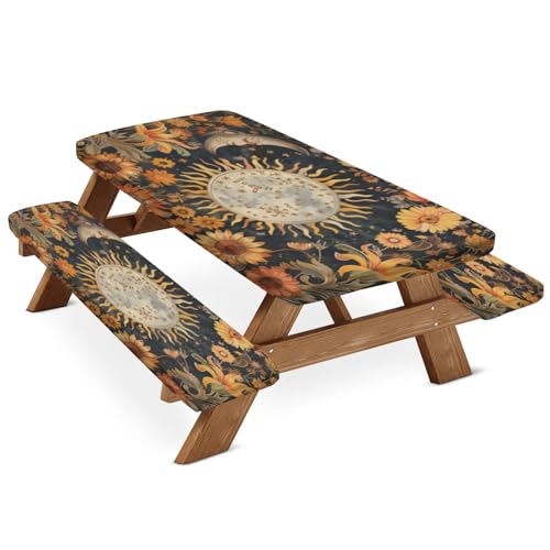 Tablerazzi Abstract Moon Boho Plant Picnic Table Cover with Bench Covers, Fitted Camping Tablecloth with Elastic Edges, Outdoor Waterproof Rectangle Table Cloth, 72x30 Inch 3 Pcs Set