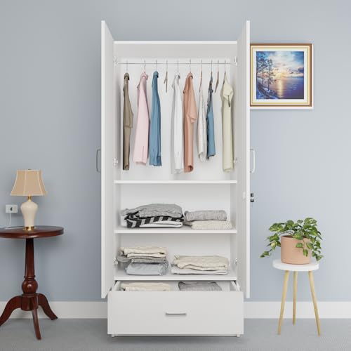 Image of VIKI Wardrobe | Wooden Almirah for 2 Door Wardrobe with 1 Drawer & Hanging Space (Frosty White - 40D x 80W x 180.8H) | 1 Year Warranty | Free Assembly