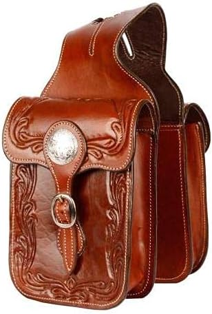 BNB INTERNATIONAL Cowhide Genuine Leather Western Equestrian Trail Tooling Carving Horse Saddle Bag Tooled Carved Pack Equipment Horse Saddle Bags Size: 10” L x 10” W x 3 ½” D inches BAG61