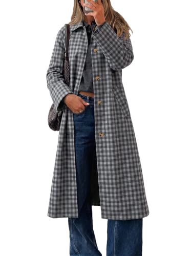 Cicy Bell Womens Plaid Trench Coat Fall Lapel Single Breasted Long Jacket