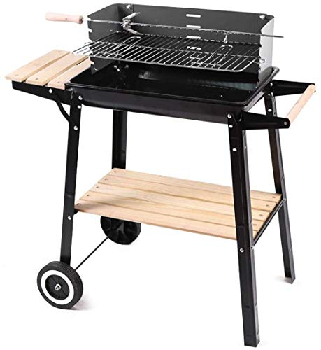 Grill Mit Holzregalen Windschutz, 2 Räder Tragbarer Holzkohlegrill, Schreibtisch Tischplatte Edelstahl Raucher BBQ Für Picknick Gartenterrasse Camping