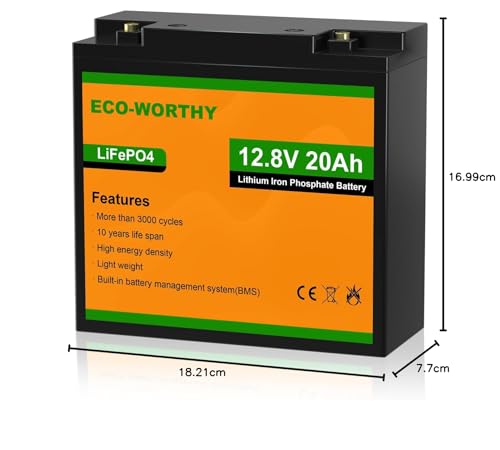 Image of ECO-WORTHY 12V 20Ah LiFePO4 Lithium Battery, 4000+ Deep Cycle Rechargeable Battery with BMS for Fish Finder, Ham Radio, Solar System, Outdoor Camping | Built-in BMS, Perfect for Fish Finder, Ham Radio, Solar System, Outdoor Camping