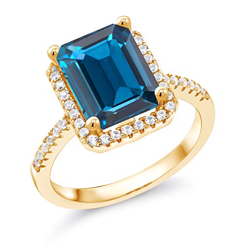 Gem Stone King 18K Yellow Gold Plated Silver Gemstone Birthstone Engagement Ring | Emerald Cut 10X8MM | Wedding Engagement Anniversary Promise Ring For Women | Available In Size 5, 6, 7, 8, 9
