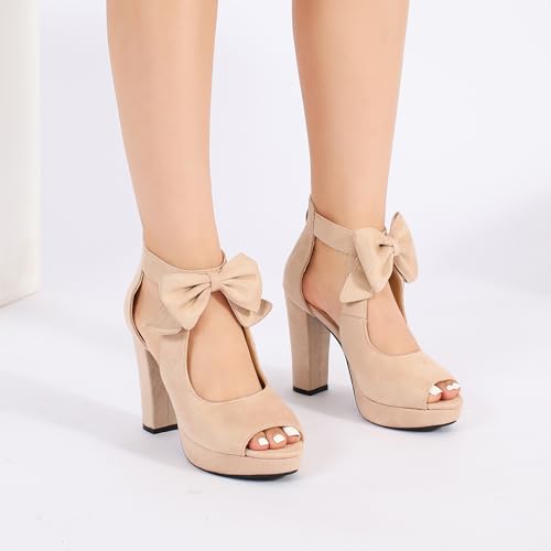 Image of fereshte Women's Bow Chunky Heel Sandals, Platform High Heel, Peep Toe, 3.94 Inch Block Heel