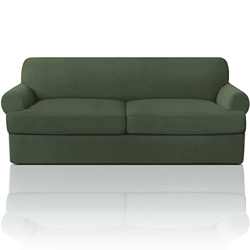 T Cushion Sofa Slipcover 3 Pieces Sofa Covers For T Cushion Sofa Soft Couch Cover Sofa Slip Covers Furniture Covers With 2 Individual T Cushion Shape Seat Covers Machine Washable,Bronze Green #TOP20