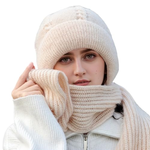 KAOBIO Gorro feminino de inverno, cachecol, peça única, forro de lã, malha quente, proteção de orelh