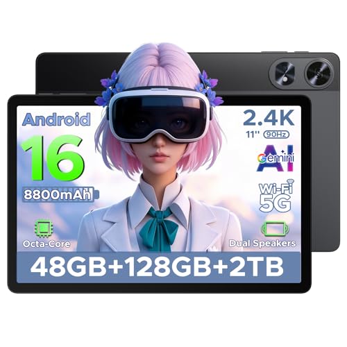 POCKAM P11 Pro Android 16 Tablet, 11 inch Tablet with Gemini AI, 48GB RAM+128GB ROM, Tablet 2.4K 90Hz, T7250 Octa-Core, 13MP+5MP, 8800mAh, 5G WIFI, Headphone, Tablet with Keyboard, Pen, Mouse-Black
