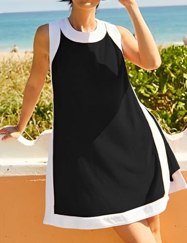 Women’s 2 Piece Sets Boho Color Block Dress Summer Casual Sleeveless Crewneck Tops Shorts Matching Set with Pockets2