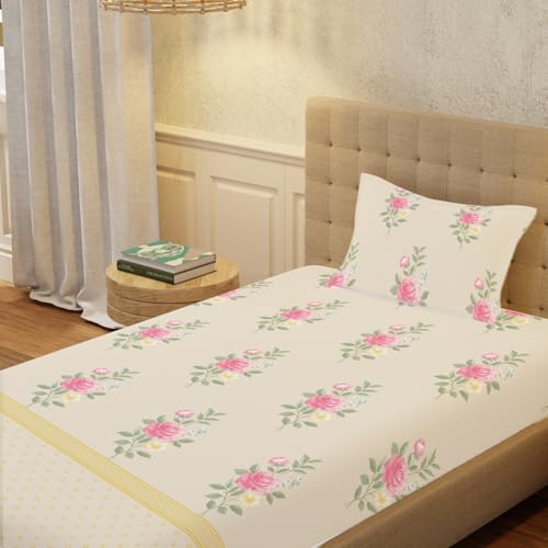Image of Urban Space Serene 100% Cotton Bedsheet for Single Bed, 200 TC Floral Single Bedsheet with 1 Pillow Cover (58 X 90 Inches, Vintage Rose Soft Brown)