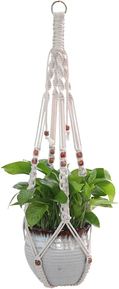 Suspension pour plante en macramé, panier suspendu d’intérieur avec perles en bois, sans pampille, 25,6 po (65 cm), support décoratif Boho pour pot de fleurs, décoration intérieure et extérieure