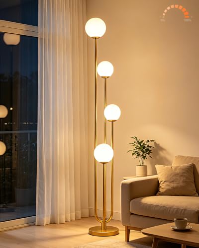 Image of 63IN 4-Light Dimmable Floor Lamp, Unique Gold Tall Standing Lamps with 3000K Bulbs for Reading, Mid Century Modern Floor Lamp with 5Lbs Heavy Base for Living Room Bedroom Home Office