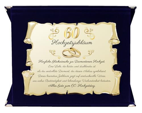 60. Hochzeitsjubiläum – Geschenk zur Diamantenen Hochzeit für Eltern, Großeltern & Freunde – Elegante vergoldete Pergamenttafel in Samtbox – Besondere Erinnerung zum Ehejubiläum (Blau, 60 Hochzeit)