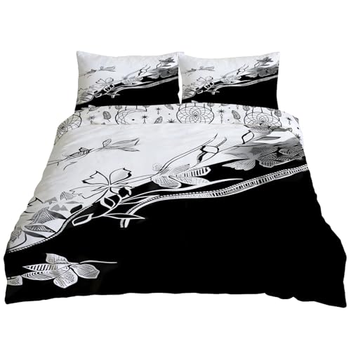 Housse de couette 240x220 cm avec 2 taies motif fleur noire