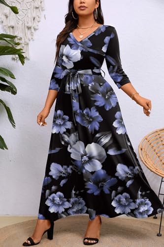 Image of Runwind Plus Size Dress for Women - 3 /4 Sleeve V Neck Maxi Dresses for Women (XL-6XL)