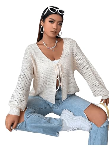 Image of GORGLITTER Women's Plus Size Bow Tie Front Cardigan Crochet Open Front Lightweight Front Tie Cardigan Sweater Fall Apricot Large Plus