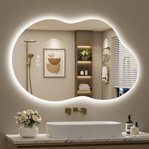 Image of 24x36 Irregular LED Backlit Bathroom Mirror with Lights, Anit-Fog, Dimmable, Asymmetrical Cloud Lighted Bathroom Vanity Mirrors for Wall, 3-Color Light, Memory, Shatter-Proof HD Tempered Glass