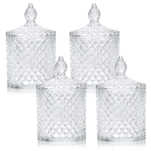 4 Pack Crystal Glass Apothecary Jars with Lids, Diamond Cut Qtip Holder Set for Bathroom Vanity, Cotton Swab & Ball Storage Containers, Decorative Candy Jars for Kitchen, Bar & Home Decor, Jewelry