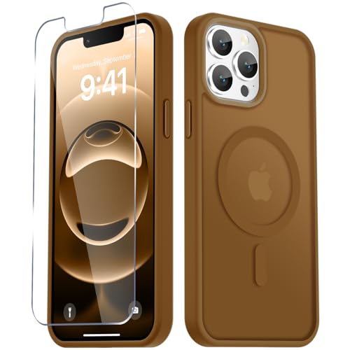 Image of YENAPOON for iPhone 13 Pro Max Case, Matte Magnetic Phone Cover [with 1 Screen Protector] [Support for MagSafe] [Shockproof Military Grade Protection] Translucent Frosted Back, Brown
