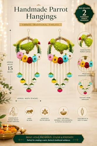 Image of Divyakosh Handmade Parrot Hanging for Home Decor Set of 2 | Indian Festive Door Wall Hanging with Pearl Tassels & Floral Design| Latkan for Diwali, Wedding, Housewarming, Living Room & Balcony