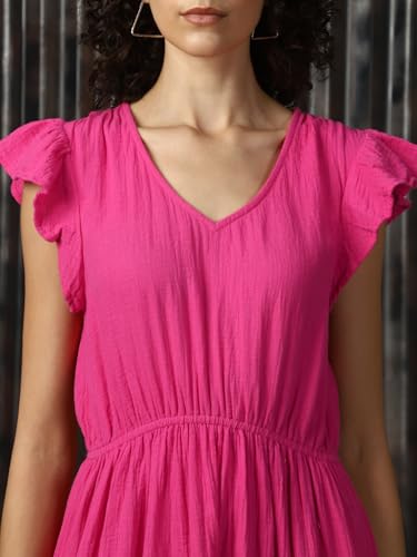 Image of High Star Women Cotton Solid Regular fit V-Neck Sleeveless Dresses