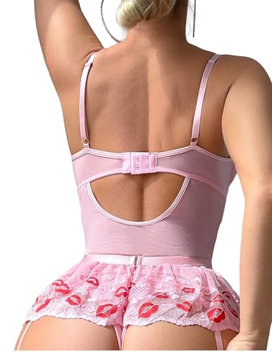 Image of Alrovetoney Women Lingerie Set Naughty Lace Bodysuit High Waisted Underwire Lingerie Babydoll With Garter Belt and Stockings